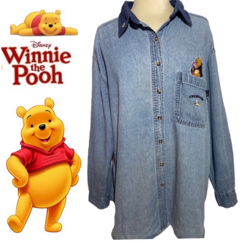 Rare Vintage 80’s Disney Shirt Winnie the Pooh Jean Chambray Denim Button Shirt